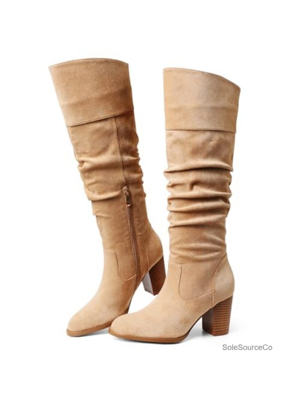 Suede Slouch Knee High Boots Chunky Block Heel Tall Fall Boots
